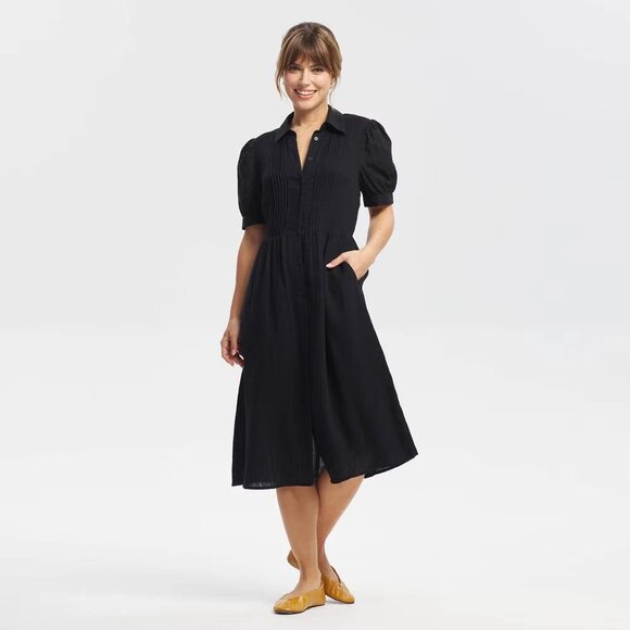 None Dresses & Skirts - Women Puff Short Sleeve Eyelet Midi Shirtdress
